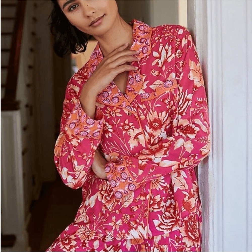 ANTHROPOLOGIE Kari Pink Floral Pajama Top small
